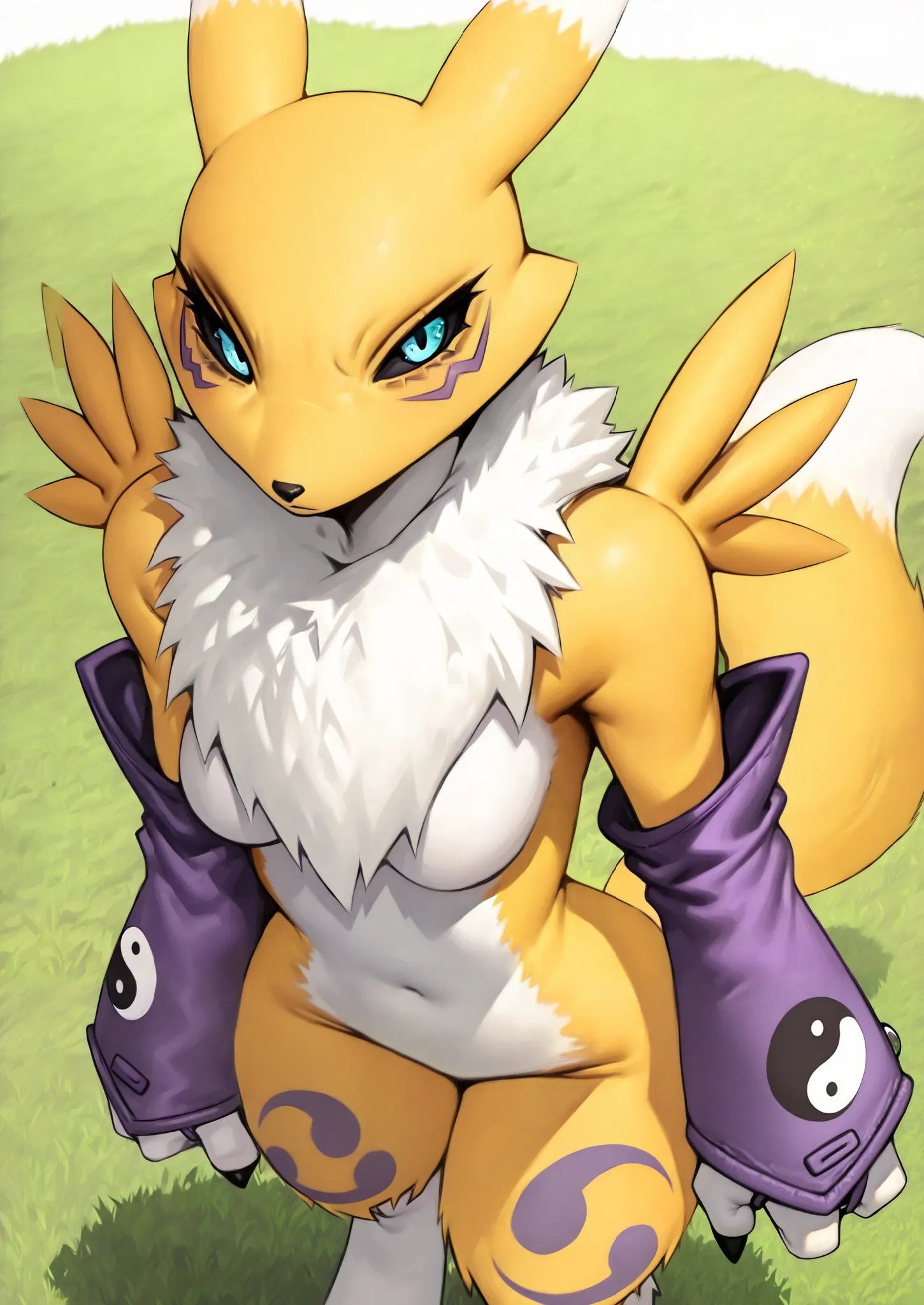 ((renamon)), ((woolrool)), ((masterpiece)), ((high resolution)), ((solo portrait)), {(yellow body fur), (two-tone fur), (black nose), (cute turquoise eyes with black sclera), (short eyelashes), (calm look)}, {(purple sleeves with yin yang symbols)}, {(stan...