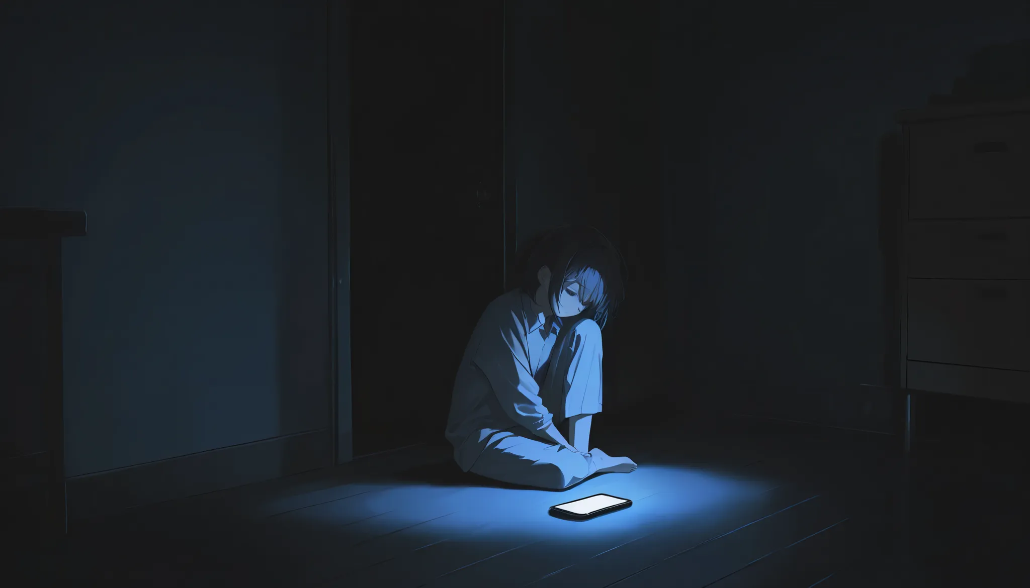 A person sitting alone in a dark room, sad, phone illiuminating on the floor