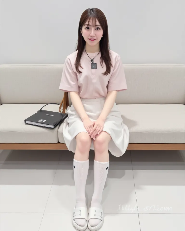 (    photorealism   :1.2)、 full body portrait 、Smell the rich white high school student socks 。  beautiful日本人モデル、39;  thick legs、  woman  、39;    nurse's white uniform     、   NIKE LOGO SOCKS、business files、light pink blouse、I'm wearing a security card aro...