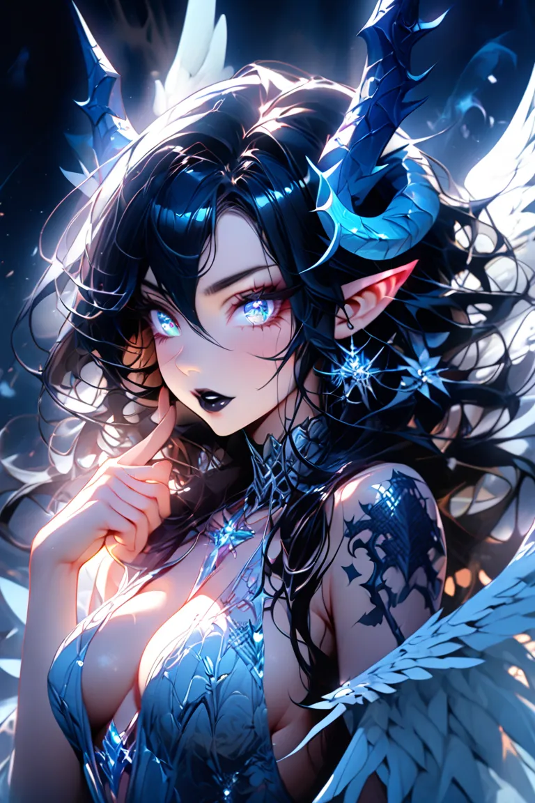 1girl, seductive, black lips, solo, demon horns, straight horn, ((horns pointing up)), pointy ears, black hair, straight hair, long hair, long hair, silver eyes, silver dress, breasts, cleavage, silver aura, burnt wings, angel wings, succubus, score_9, sco...