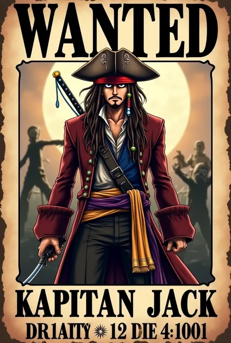 Jack Sparrow in a onepiece wanted poster, zombie apocalypse theme, visible TIRA logo on the background behind the picture, anime style, holding a sword, big name KAPITAN JACK logo on the poster, with bounty of billion money in the bottom of the logo name, ...