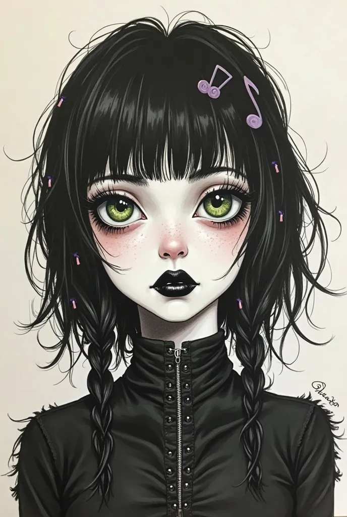 a paper drawing of an adult goth girl who looks like she lacks sleep, with a blank expression. green eyes and a musical note hairpin. ragged clothing and pale makeup and black lipstick that's more matte than glossy 