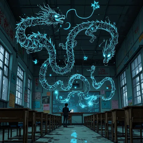 In the middle of the night, ((Blackboard with graffiti)),.White comical dragon graffiti... Three-dimensional floating graffiti. . ((Unoccupied classroom)). Psychic phenomena.scribbles on a blackboard magically come to life, glowing thin and floating. An em...