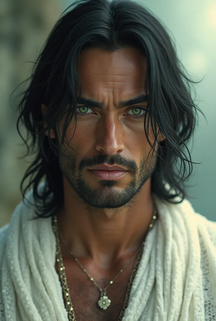  Create an image of a man, dark-skinned, green eyes, beautiful,  long straight black hair , Let him curl up in one eye, And make him wear a white tunic 