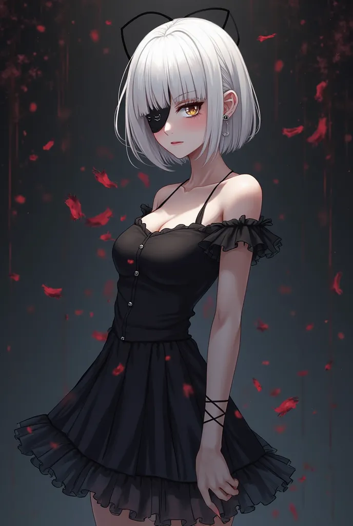 Anime vampire girl is not tall with white hair in the form of a square and a black bandage on her left eye. full length. in a black dress.