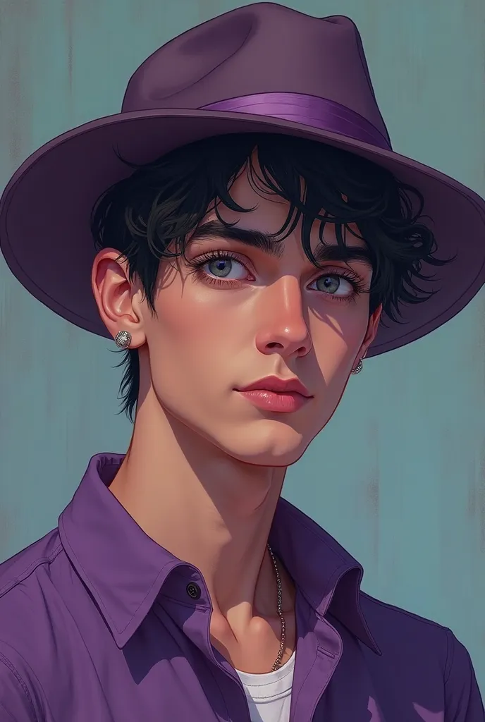 there is a man wearing a hat and a purple shirt, a character portrait inspired by Adam Dario Keel, trending on cg society, serial art, portrait of jughead jones, age jughead jones, concept art of single boy, beautiful androgynous prince, detailed character...