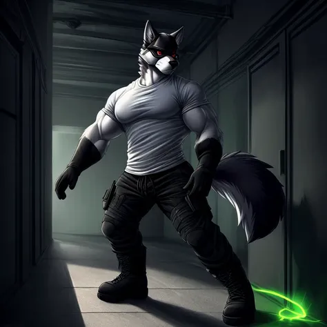 4k, high definition, (ultra detailed), A male anthropomorphic feline (muscular, husky), ( Dressed in a black sweatshirt , a black tactical pants and black military tactical boots), (Wearing black knitted gloves without fingers, wearing a black mask), has a...