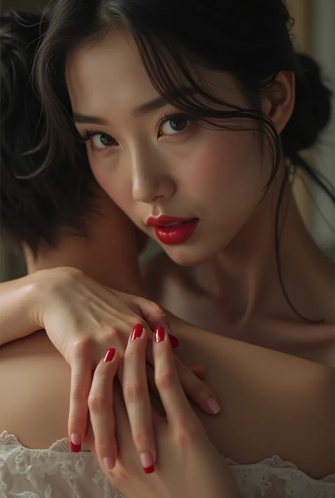 Gaintness beautiful Korean girlfriend red nails hand squeeze tiny boyfriend 