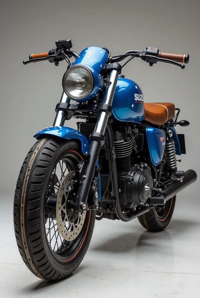 Create a completely blue Suzuki GZ Marauder 250 motorcycle made in a bobber style with white stars on the tank, brown seat and brown handlebar grips. The tires must be black but with white stripes on the tire, both in front and behind