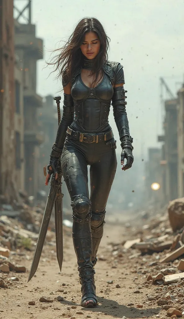 Girl dressed in a tight suit with open heels and has a pretty big sword in an apocalyptic world