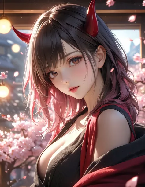 Beautiful woman with the devil,cherry blossoms in full bloom scene,high quality, hi-res,Masterpiece with natural light,Ultra fine,realistic,HDR,UHD,Studio Lighting,photorealistic,Vivid Color,Bokeh