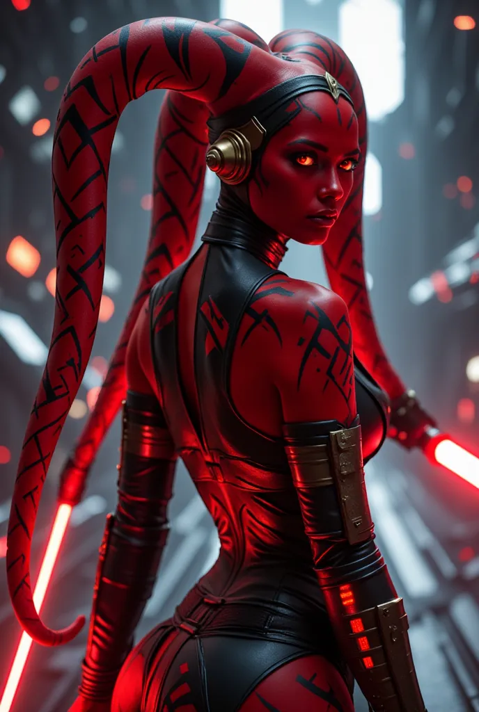 1girl,  seductive shapes, seductive body and curves, Twi'leck girl from the Star Wars universe, her skin is red, instead of hair, paired branches on the head, shaped like tentacles and called “lekku”, they are red, pretty face,  determined look , scarlet n...