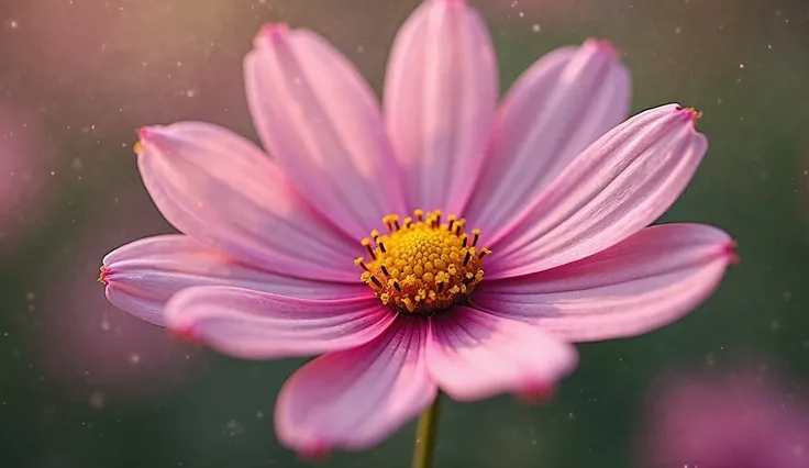 Hyper realistic photo, A close-up of a cosmos flower, with its delicate petals and yellow center. High Resolution 