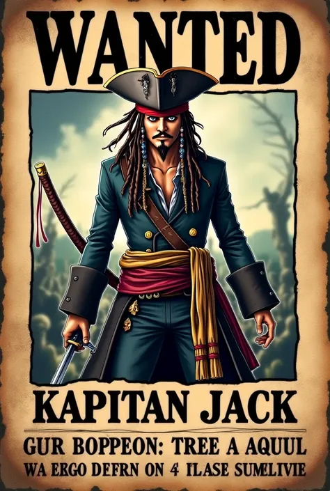 Jack Sparrow in a onepiece wanted poster, zombie apocalypse theme, visible TIRA logo on the background, anime style, holding a sword, big name KAPITAN JACK logo on poster,with a visible TIRA logo at bottom of the logo name, landscape picture size 400x400