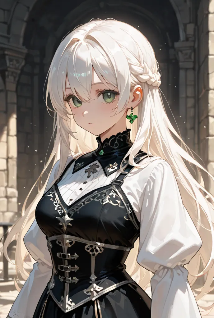 Anime man in black medieval lord clothing, With white double ponytale hair and green eyes