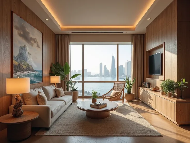 draw me a room of a 4 star hotel called OCEAN WOOD (This is a hotel with a view of the city and does not see the sea) Interior design inspired by wood and the sea 