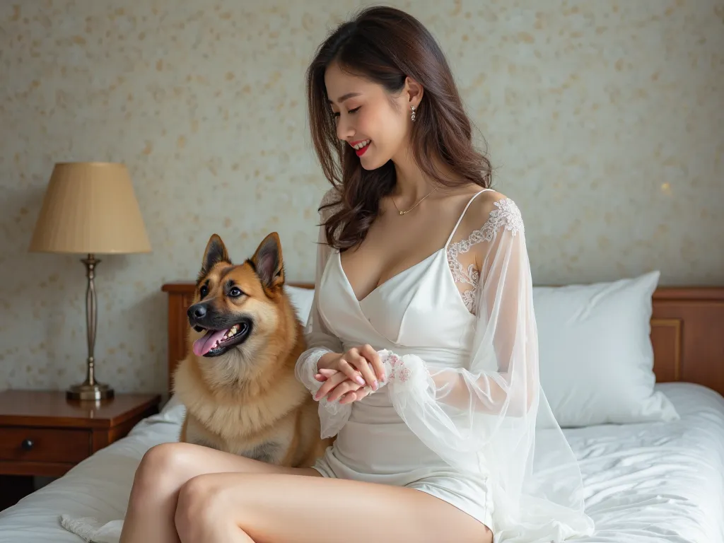 a cute woman from thailand with   short wedding   blouse  .  whole body .  realistic beautiful girl.bed .her face like reference picture. legs appear.   masterpiece.pretty. 18 year old.  Big tits. good curve.be slightly fat.  sexy white  pant. and a k9 dog...