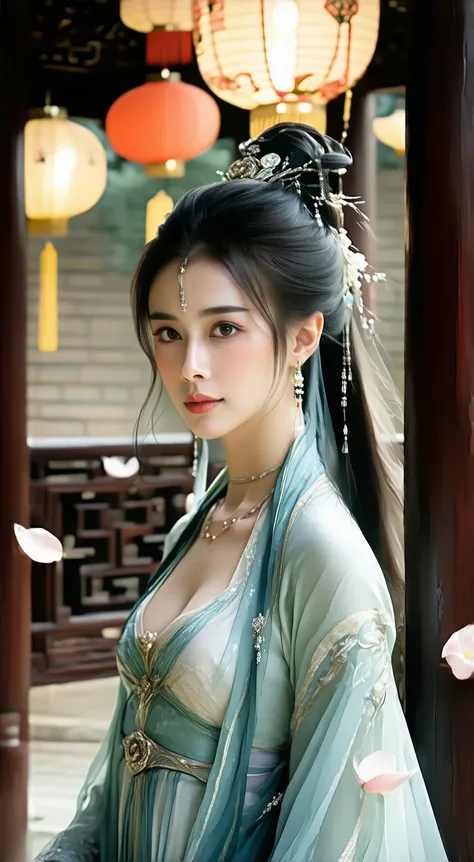 oriental woman, elegant, 8K, ultra HD, vivid colors, masterful lighting, exquisite detail, beautiful face, flawless skin, piercing eyes, delicate features, graceful pose, traditional dress, ornate accessories, lush environment, ornamental architecture, glo...