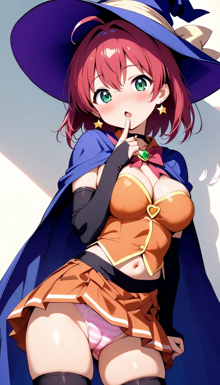 1girl, (nsfw), 8yo, slender waist, oily skin, medium large breasts, (breast press), tented shirt, cleavage, Waist line, midriff, zettai ryouiki, Alice Wishheart (Magical Halloween), Red hair, Green eyes, witch hat, star earrings, choker, cape, orange skirt...