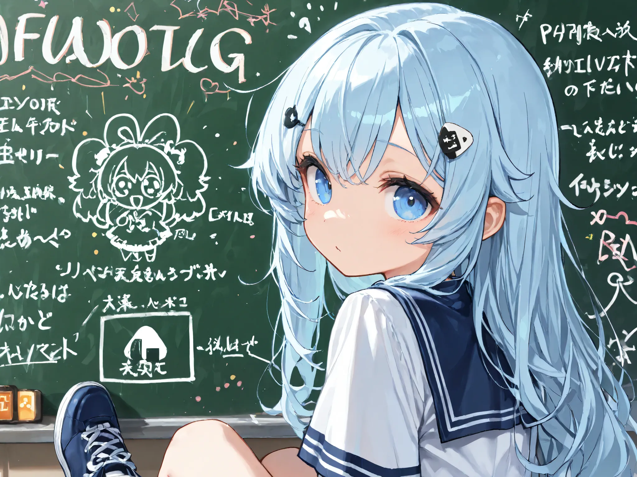 (masterpiece,best quality:1.2), Chalkboard Graffiti 、has the onigiri mark written on it、女の子のback view、Alone,cute girl\(okmc,pulse oximeter,Japanese rice ball shaped motif hairpin,light blue hair, medium long hair,   fluffy hair, big eyes ,blue eyes,  no no...