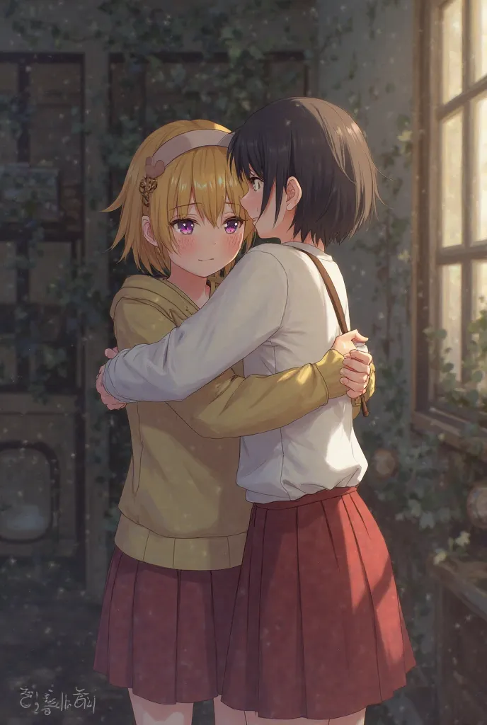 
Small anime blonde girl crying and hugging a black hhair girl They are in same age .the background were in the room .the blonde girl is poor