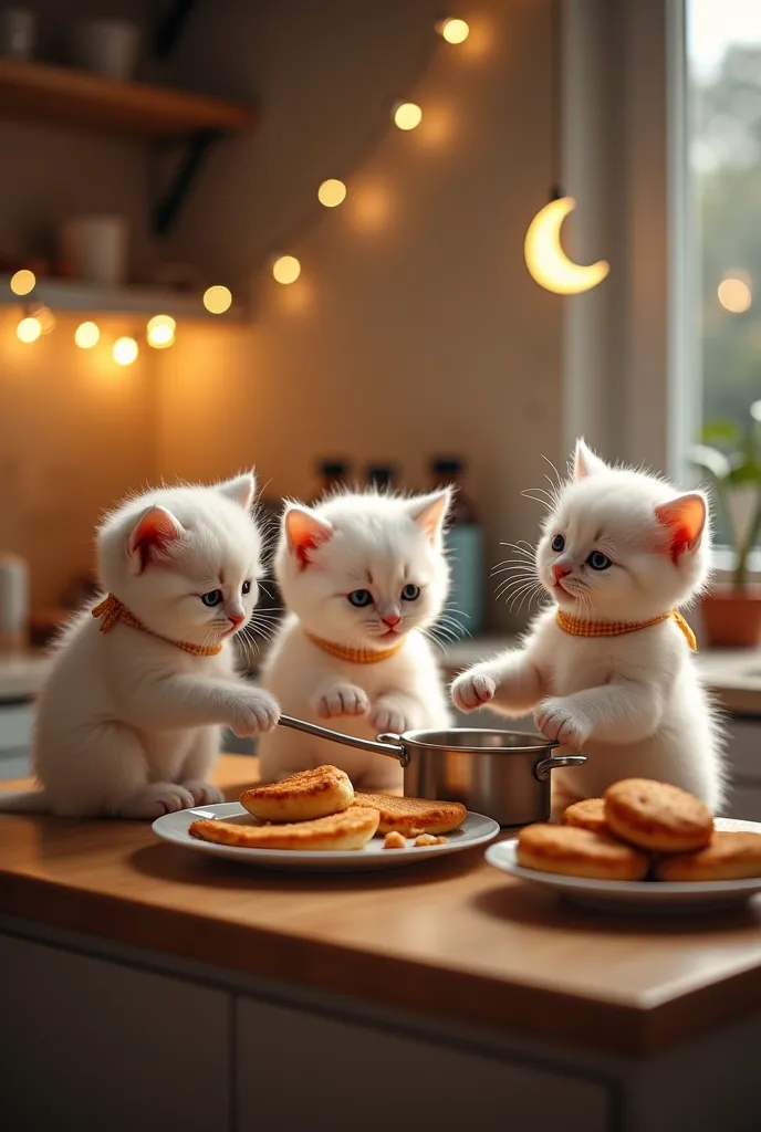 "Three adorable real  white kittens in the kitchen, wearing tiny matching hijabs, are preparing iftar food. One kitten is stirring a small pot, another is placing samosas on a plate, and the third is carefully arranging pakoras. The cozy kitchen has a warm...