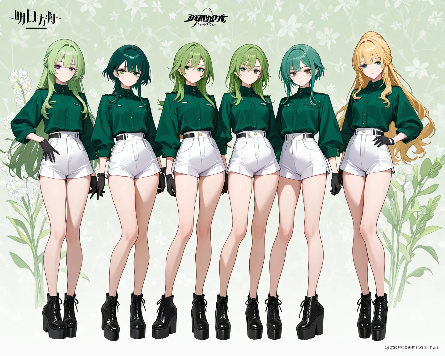 4girls, full body front, slim body, vert long legs, bare legs, standing, green hair, green eyes, green shirts, white shorts, black gloves, black platform shoes, spring background