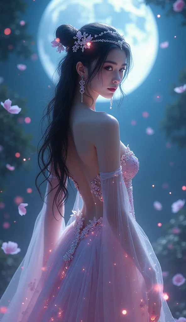 Generate a fantasy-themed Xiao Wu with a seductive yet magical vibe. She should wear a revealing, ethereal gown with translucent fabric, adorned with glowing runes and floral motifs. Add a crown or headpiece with glowing gems, and give her a sultry express...