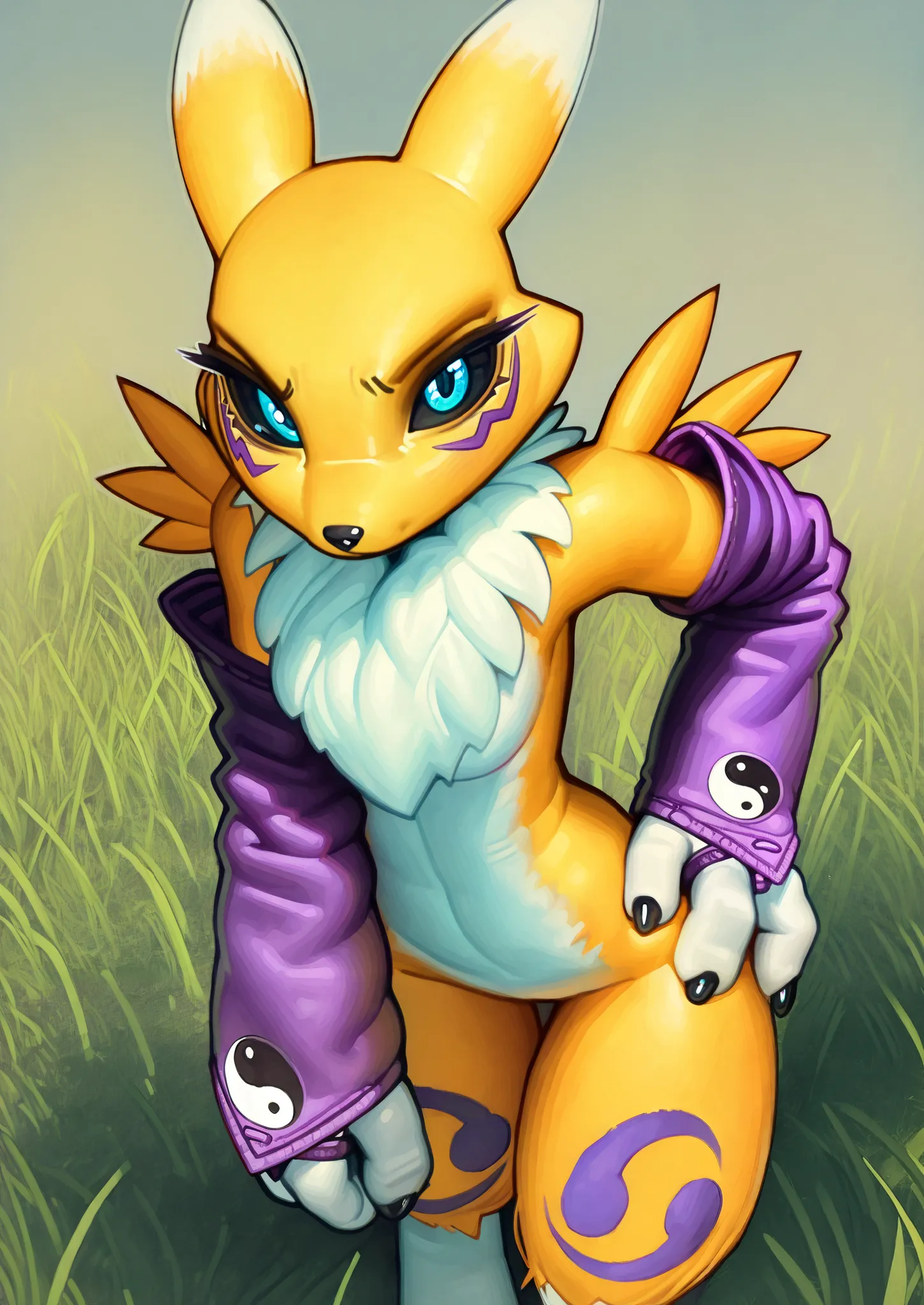 ((renamon)), ((pixelsketcher)), ((wamudraws)), ((masterpiece)), ((high resolution)), ((solo portrait)), {(yellow body fur), (two-tone fur), (black nose), (cute turquoise eyes with black sclera), (short eyelashes), (calm look)}, {(purple sleeves with yin ya...