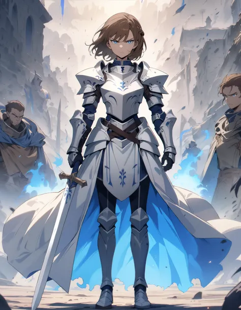 ((best quality)), ((masterpiece)), (detailed),war Background, Full body, Human, Female, short hair, Brown hair, Braid, Blue eyes, Knight, White armor, Blue aura, Fantasy, Anime style, Serious face,Holding a long sword