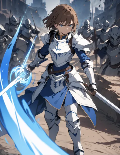 ((best quality)), ((masterpiece)), (detailed),war Background, Full body, Human, Female, short hair, Brown hair, Braid, Blue eyes, Knight, White armor, Blue aura, Fantasy, Anime style, Serious face,Holding a long sword
