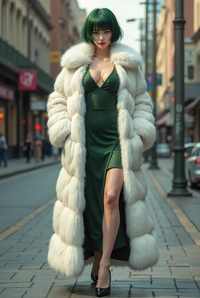 seductive Fubuki from Onepunchman, big bust, professional photo, very realistic, beautiful woman figure and beautiful face , short green hair, green eyes, in long white luxury fox fur coat unbuttoned and dark green dress dark green shoes, standing in the c...