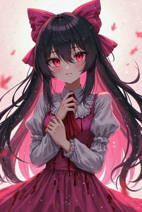 The color of the girl's hair is divided into pink and black due to anime-style transparency, and her eyes are red, and she is a psychopath、Strong, his clothes are black, white, and pink dresses, have blood on them, and he has weapons