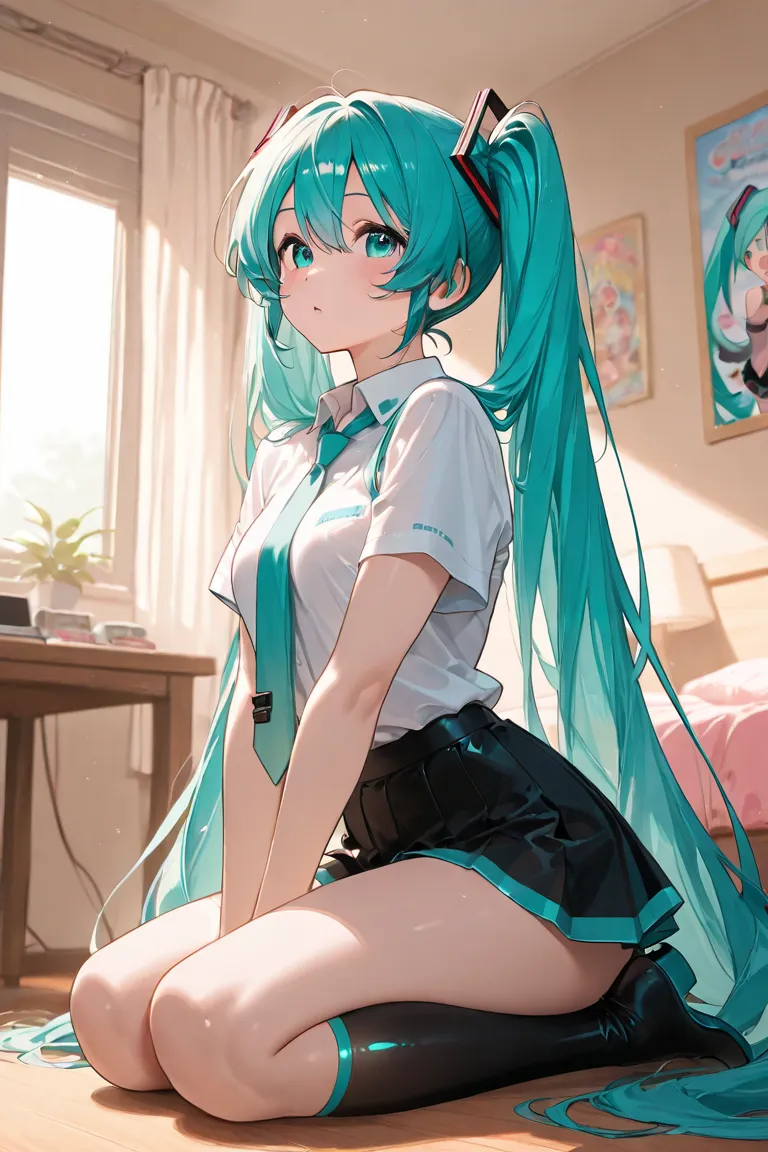 Hatsune Miku、full body、1 girl、masterpiece、Top Quality、miniskirt、 game room、beautiful eyes