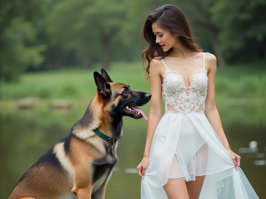 a cute woman from thailand with   short wedding   blouse  .  whole body .  realistic beautiful girl.pond .her face like reference picture. legs appear.   masterpiece.pretty. 18 year old.  Big tits. good curve.be slightly fat.  sexy white  pant. and a k9 do...