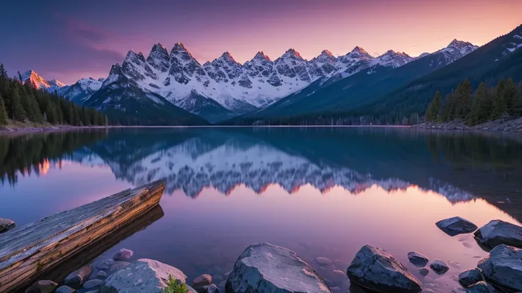 A breathtaking twilight scene where the deep purple sky fades into hues of magenta and sapphire, reflecting on a still mountain lake.