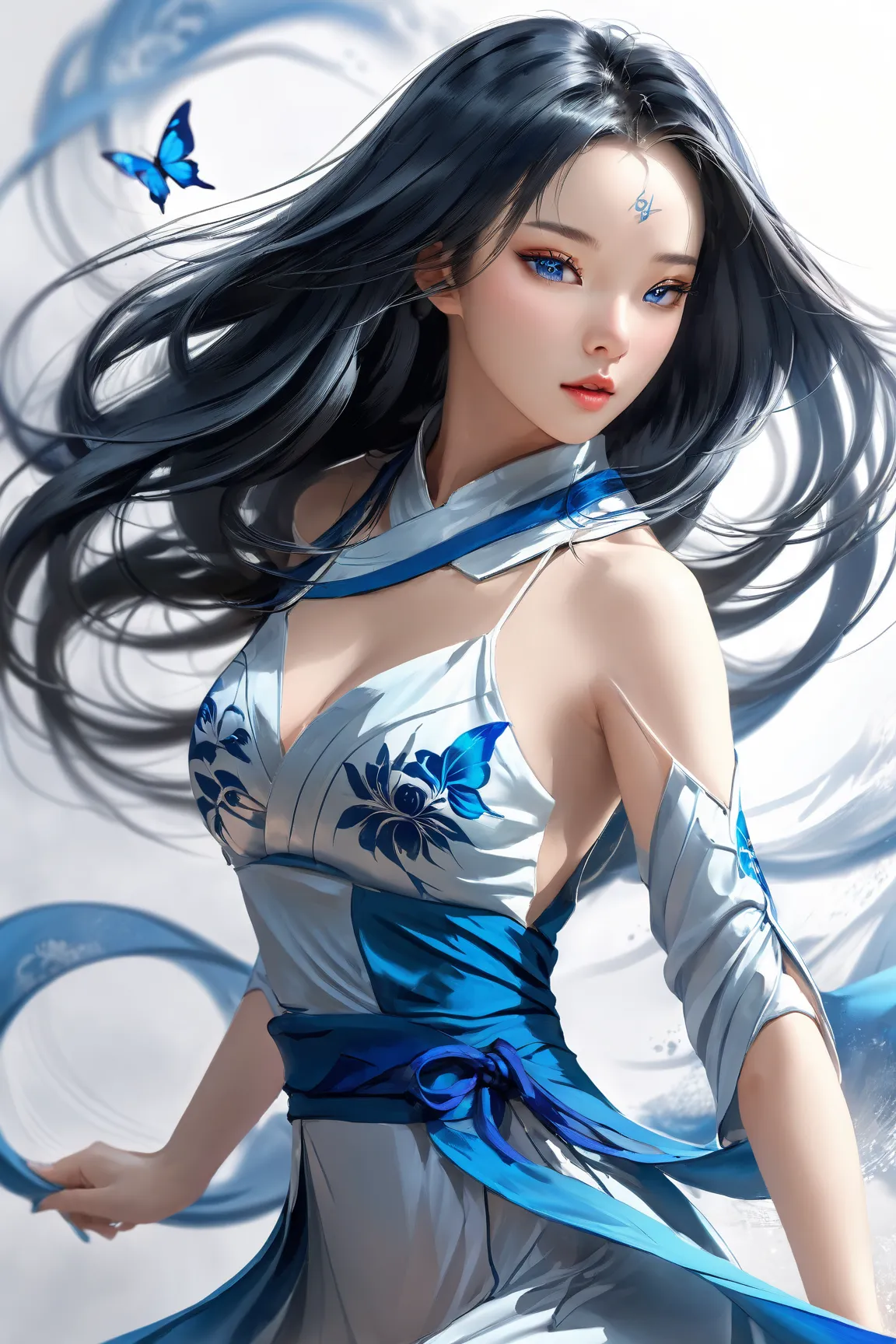 Top 4 Shot,Realistic details, HD ,1 Chinese Kung Fu Woman, Exquisite Face ,Blue Liu Hai Shuangzi Long Hair,Sexy breasts,Wearing Blue Butterfly Design Flagrobe,Nude Sexy Thighs,Elegant Body Movement,Professional portrait, natural light source, Soft Tone,Fin...