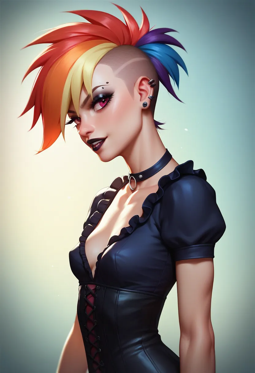 Rainbow dash, human, 30 years old, goth lolita dress, long punk haircut, cartoon style, slender, skinny, tiny boobs,