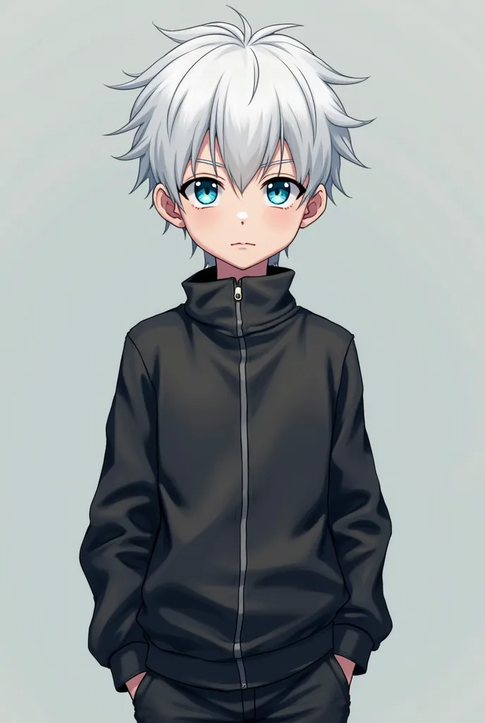 Anime, hair white eyes cyan blue jaket black pants black shirts black gender boy