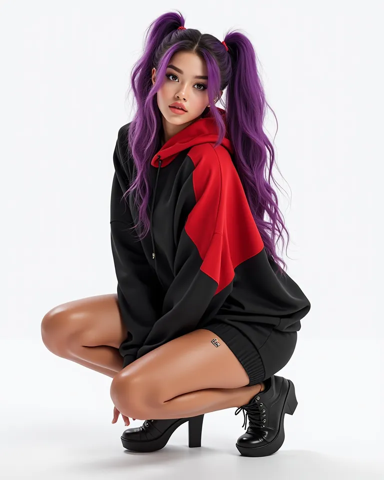 
"Create a 4k photorealistic, full-body image of a beautiful stunning woman with long, wavy, deep purple hair two ponytail, is posing in a squatting position, with one knee down and the other leg bent. She is wearing a black and red cute XL baggie  hoodie ...