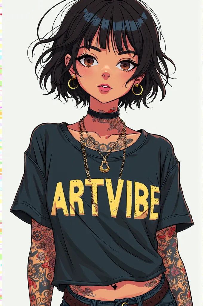 Illustration of a short-haired girl in tattoos wearing a shirt that reads ArtVibe