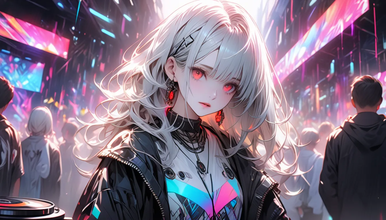 "A vibrant nightclub with a futuristic cyberpunk aesthetic. A young female DJ with silver hair and glowing red eyes stands behind the turntables, surrounded by a crowd dancing under pulsating neon lights. The atmosphere is energetic with colorful laser bea...