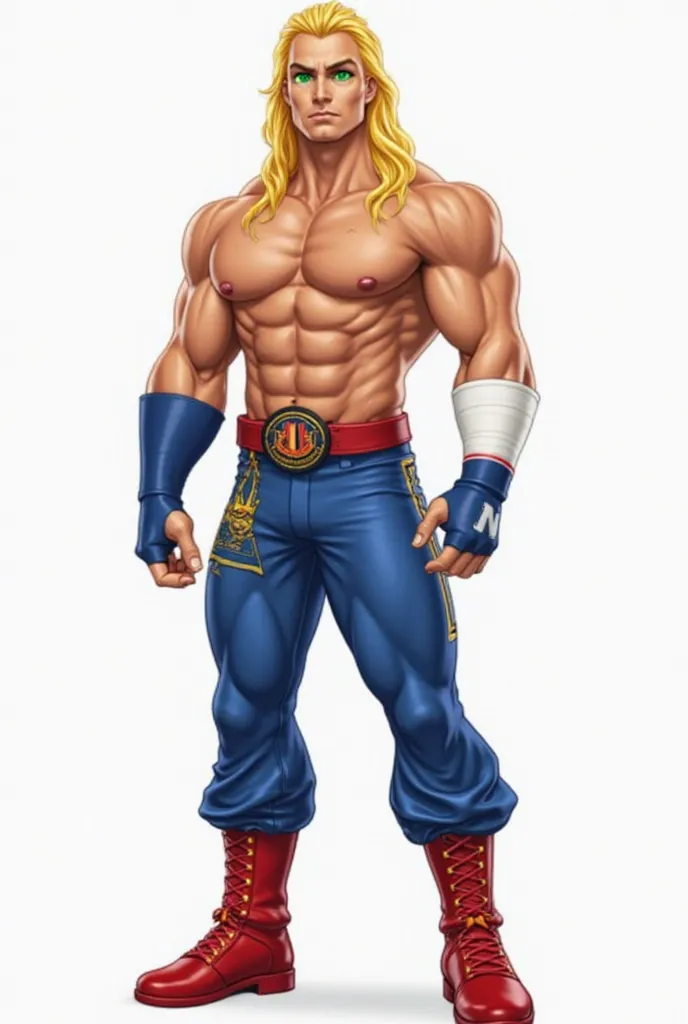 Please create the image of a blonde professional wrestler with green eyes, that wears a blue cuff on the left arm, And a white wristband on the right arm, blue pants the same color as the cuff with red and yellow details and red boots.