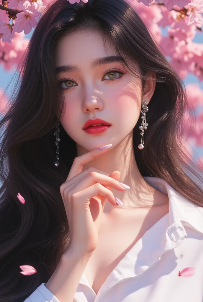 masterpiece, best quality, photorealistic, 1girl, stunning innocent symmetry face, white shirt, emotional, big breasts, (PureErosFace_V1:0.7),An open-air restaurant under the cherry blossoms, her enjoying her food, very nice weather, cherry blossom leaves ...