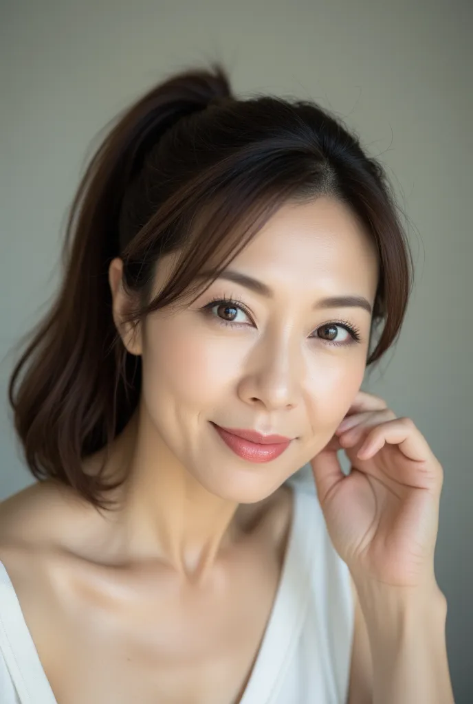  middle aged japanese women,   has a horizontal ponytail adding to her relaxed vibe ,  and her gentle smile highlights fine smile marks . High Quality Rendering Subtly Makes Up Her Natural Beauty(Lipstick included) captured with lipstick , eyeliner, mascar...