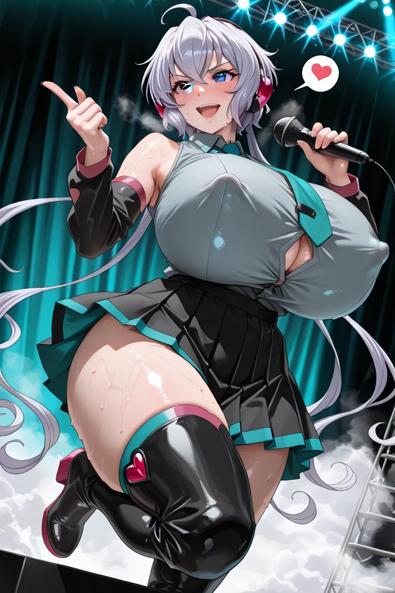 (solo,
Yukine Chris,purple eyes),(long hair,twintails,ahoge,(((aqua hair))), crossed bangs, hair between eyes, hair ornament, headphones),
BREAK
(Sexy Expression,Seductive gestures,Glossy lips,open mouth,smile),
BREAK
(seductive face,Wide Hips,Shiny Skin,g...