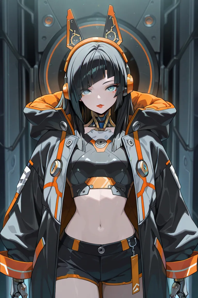 masterpiece, best quality, (anime coloring:1.3),
1girl, black hair, long hair, diagonal bangs, grey eyes, detailed eyes, red lips, hair behind ear, mechanical ears, built-in headphones, mechanical neck, oversized jacket, black jacket, orange trim, mechanic...