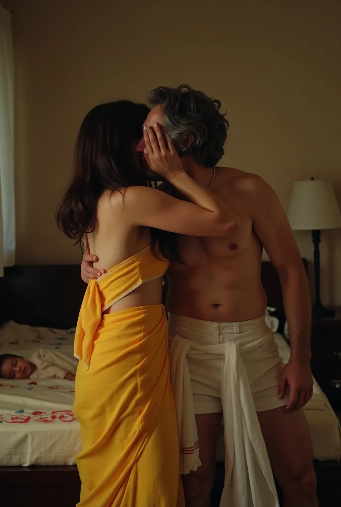 A Young Indian Girl  She is wearing a Tight Yellow KURTI with white stole tied around her neck, Her hair is messed up and Bed is messed up, She is Standing near the Bed and Kissing A Shirtless OLD MAN, Their  sleeping in a cradle near them, Dim light in th...