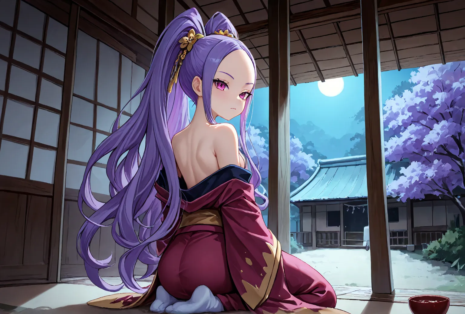 a girl ,  long hair, PURPLE HAIR, purple eyes,  double ponytail, Forehead ,High quality , very beautiful , for higher resolution , Latest,  kimono, Kneeling, Backless, Japanese Garden, Thatched House, drinking bowl, moonlight,  socks