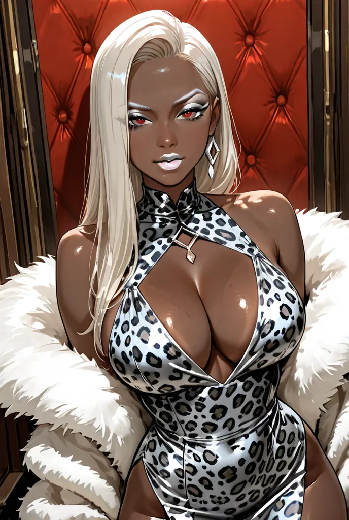 A very extremely dark tanned long platinum haired thicc Liz Vicious with heavy trashy white eyeshadow makeup and white lipstick in a trashy latex leopard print dress